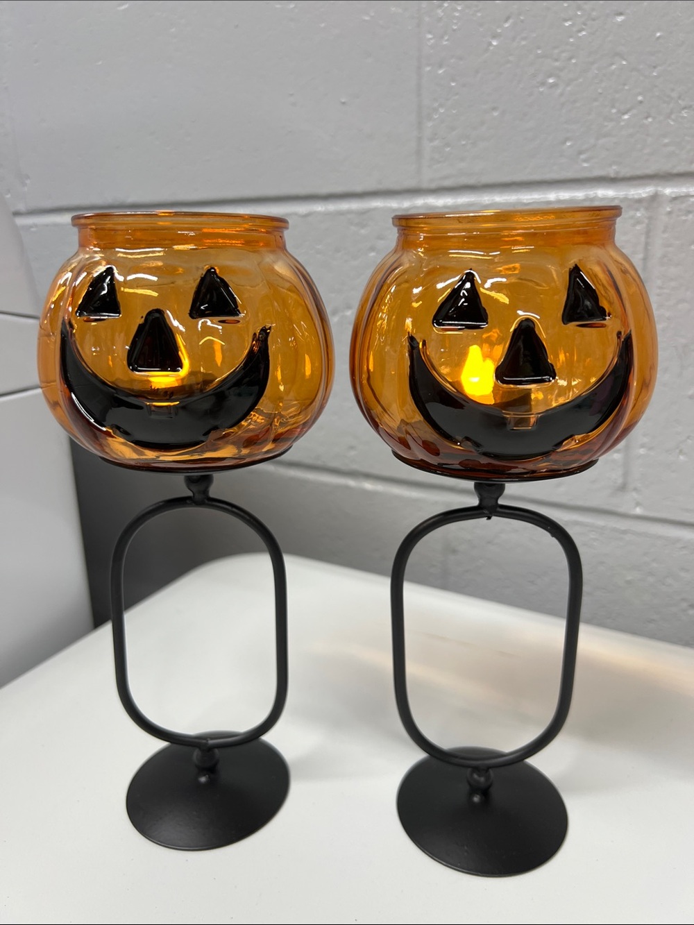 Orange Jack-O'-Lantern Glass Candle Holders